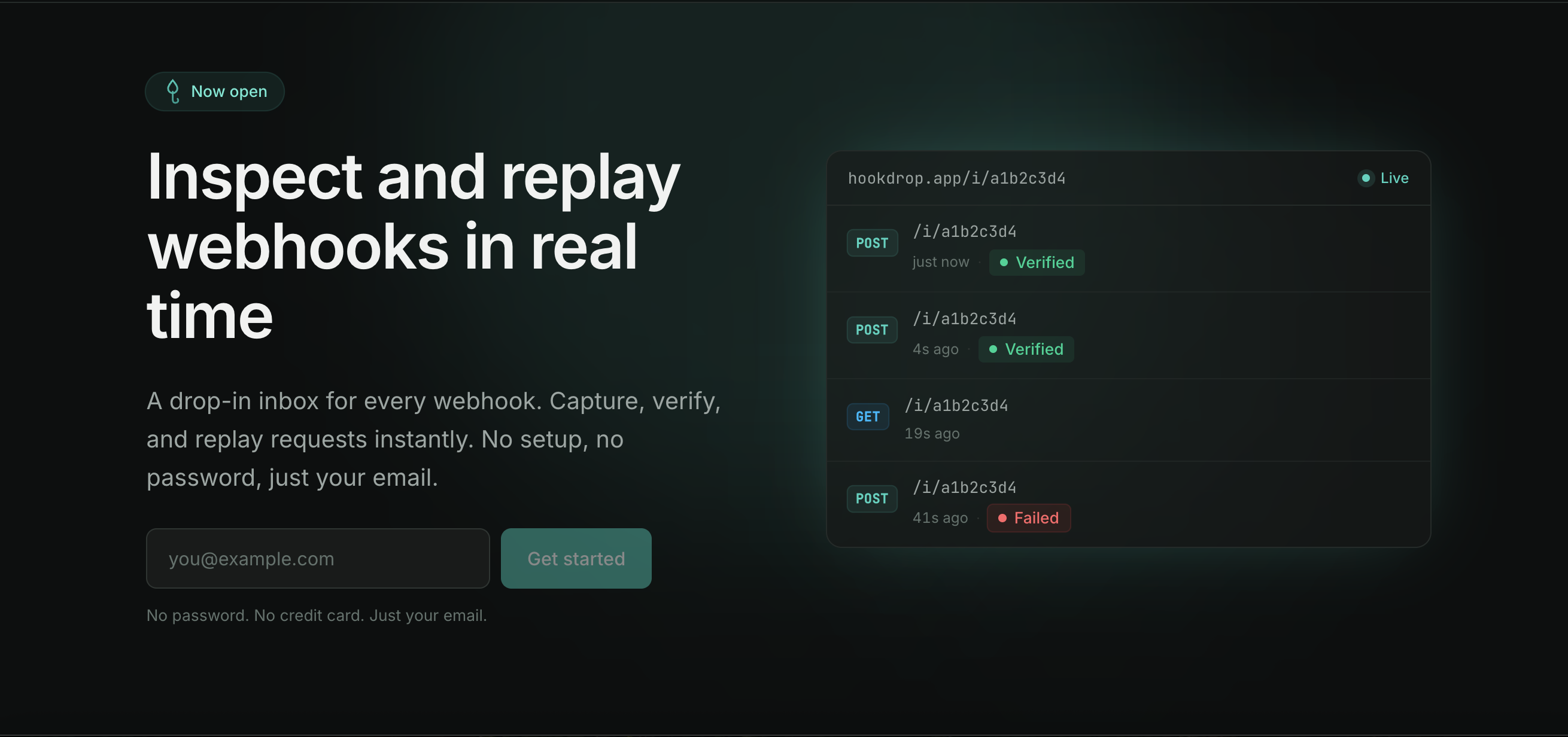 hookdrop dashboard streaming incoming webhook deliveries live, each with source, event type, and verified signature